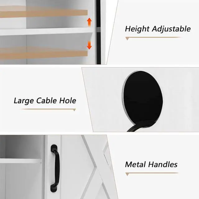 Alt view image 7 of 7 - Modern Farmhouse Wood TV Stand for TVs up to 58 inches, with Sliding Barn Doors, 3 Adjustable Shelves, Cord Management Ports, Corner Fit for Small Space Homes, in Oak/Solid White