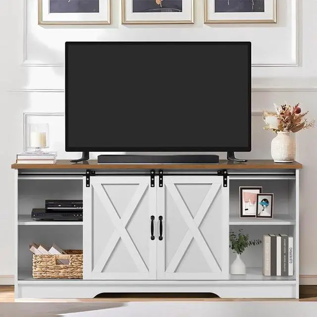 Alt view image 3 of 7 - Modern Farmhouse Wood TV Stand for TVs up to 58 inches, with Sliding Barn Doors, 3 Adjustable Shelves, Cord Management Ports, Corner Fit for Small Space Homes, in Oak/Solid White