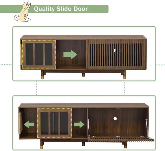 Alt view image 3 of 6 - Mid-Century Modern style 2 IN 1 Cat Furniture 74" Walnut TV STAND with Sliding Flip-down glass door, Cat house Litter Box With Sisal Scratcher Board