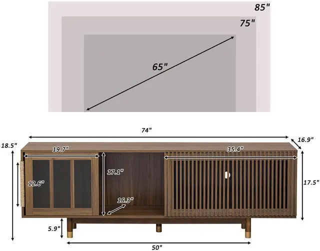 Alt view image 2 of 6 - Mid-Century Modern style 2 IN 1 Cat Furniture 74" Walnut TV STAND with Sliding Flip-down glass door, Cat house Litter Box With Sisal Scratcher Board