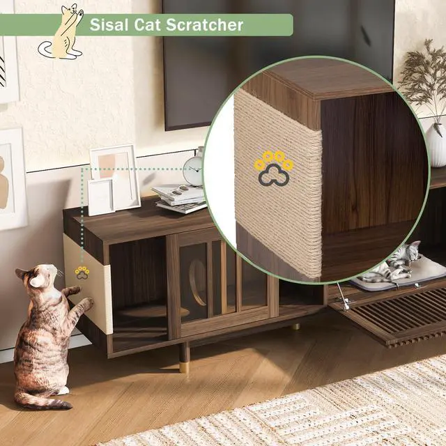 Alt view image 5 of 6 - Mid-Century Modern style 2 IN 1 Cat Furniture 74" Walnut TV STAND with Sliding Flip-down glass door, Cat house Litter Box With Sisal Scratcher Board