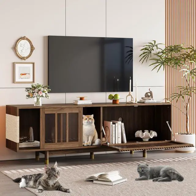 Main image of Mid-Century Modern style 2 IN 1 Cat Furniture 74" Walnut TV STAND with Sliding Flip-down glass door, Cat house Litter Box With Sisal Scratcher Board