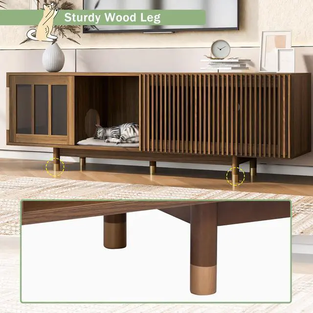 Alt view image 6 of 6 - Mid-Century Modern style 2 IN 1 Cat Furniture 74" Walnut TV STAND with Sliding Flip-down glass door, Cat house Litter Box With Sisal Scratcher Board