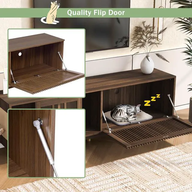 Alt view image 4 of 6 - Mid-Century Modern style 2 IN 1 Cat Furniture 74" Walnut TV STAND with Sliding Flip-down glass door, Cat house Litter Box With Sisal Scratcher Board