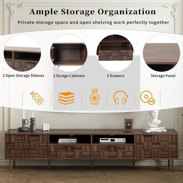 Alt view image 5 of 7 - Mid Century TV Stand with 2 Drawers, Media Console Table for TVs up to 85'', Entertainment Center with Storage for Living room, Bedroom, Home Theatre