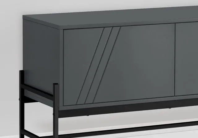 Alt view image 2 of 7 - Tv Stand, 60 Inch, Console, Media Entertainment Center, Storage Cabinet, Living Room, Bedroom, Grey Laminate, Black Metal, Contemporary, Modern