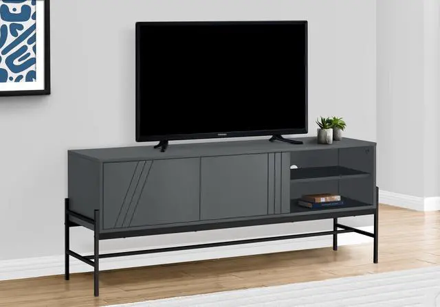 Alt view image 4 of 7 - Tv Stand, 60 Inch, Console, Media Entertainment Center, Storage Cabinet, Living Room, Bedroom, Grey Laminate, Black Metal, Contemporary, Modern