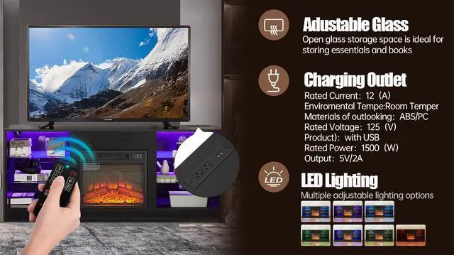 Alt view image 4 of 7 - TV Stand Electric Fireplace TV Stand with Glass Shelves, 3D Fireplace TV Stand with LED Lights Wood with USB Charging Outlet Modern Television Table Center for TV up to 32-62" Black 58''W*15.4''D*24.4