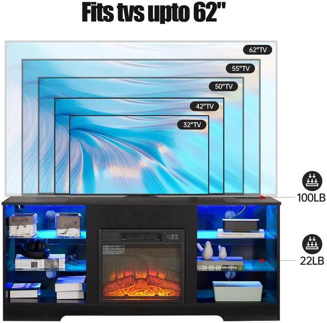 Alt view image 3 of 7 - TV Stand Electric Fireplace TV Stand with Glass Shelves, 3D Fireplace TV Stand with LED Lights Wood with USB Charging Outlet Modern Television Table Center for TV up to 32-62" Black 58''W*15.4''D*24.4