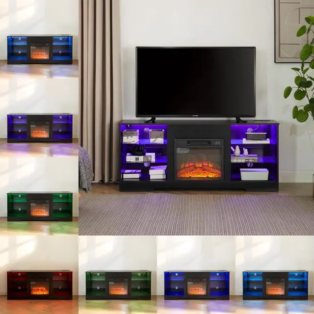 Alt view image 6 of 7 - TV Stand Electric Fireplace TV Stand with Glass Shelves, 3D Fireplace TV Stand with LED Lights Wood with USB Charging Outlet Modern Television Table Center for TV up to 32-62" Black 58''W*15.4''D*24.4