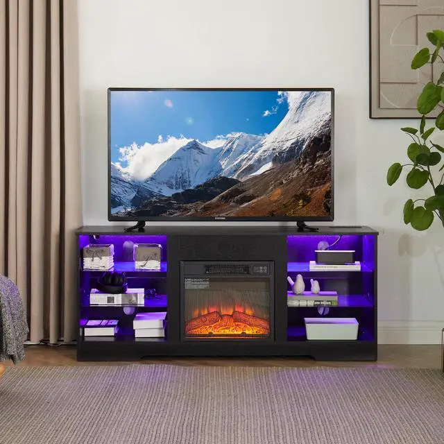 Main image of TV Stand Electric Fireplace TV Stand with Glass Shelves, 3D Fireplace TV Stand with LED Lights Wood with USB Charging Outlet Modern Television Table Center for TV up to 32-62" Black 58''W*15.4''D*24.4