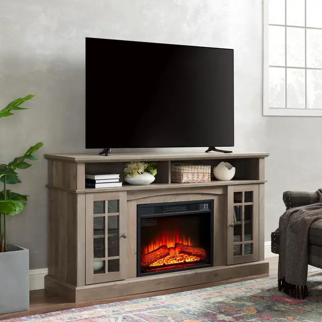 Alt view image 2 of 6 - Classic TV Media Stand Modern Entertainment Console with 23" Fireplace Inset for TV Up to 65" with Open and Closed Storage Space, Gray Wash, 58.25"W*15.75"D*32"H