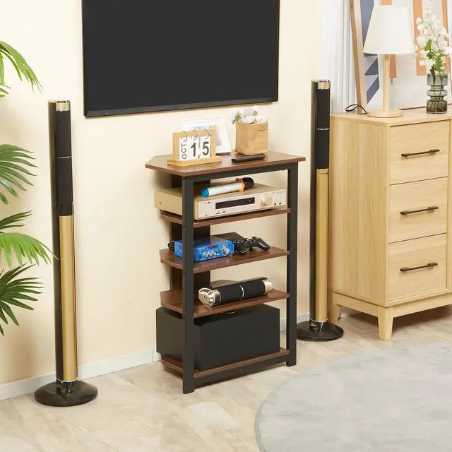 Alt view image 3 of 7 - HOMCOM TV Stand, AV Media Stand, Corner Audio Tower with Storage Shelves and Steel Frame, Living Room Storage, Brown