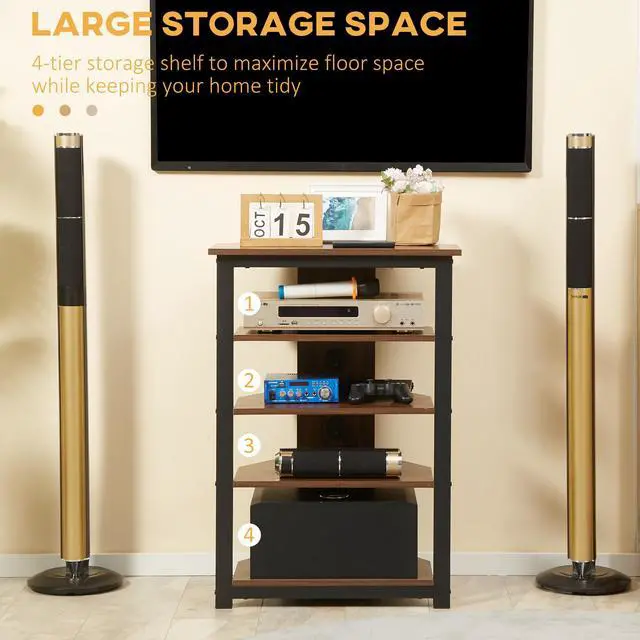 Alt view image 5 of 7 - HOMCOM TV Stand, AV Media Stand, Corner Audio Tower with Storage Shelves and Steel Frame, Living Room Storage, Brown