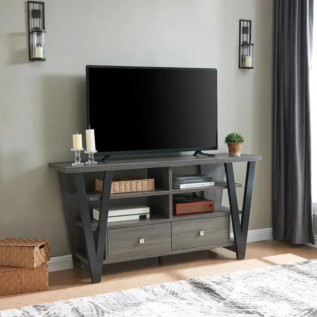 Main image of Tall TV Stand cabinet with two drawers on metal glides metal square knob handles and two divided shelf tiers