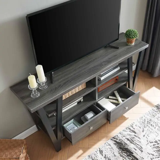 Alt view image 3 of 7 - Tall TV Stand cabinet with two drawers on metal glides metal square knob handles and two divided shelf tiers