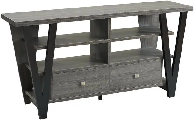 Alt view image 5 of 7 - Tall TV Stand cabinet with two drawers on metal glides metal square knob handles and two divided shelf tiers