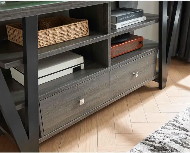 Alt view image 2 of 7 - Tall TV Stand cabinet with two drawers on metal glides metal square knob handles and two divided shelf tiers