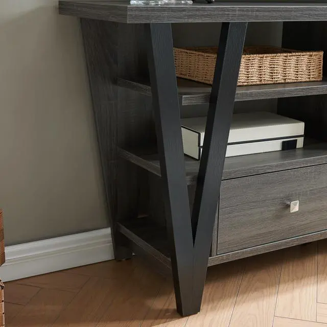 Alt view image 4 of 7 - Tall TV Stand cabinet with two drawers on metal glides metal square knob handles and two divided shelf tiers