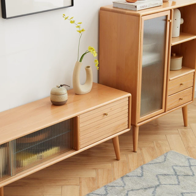 Alt view image 3 of 7 - North America A Grade Solid Beech TV Cabinet With Chinese Changhong Glass Doors, Two Drawer Storage Space TV Standing