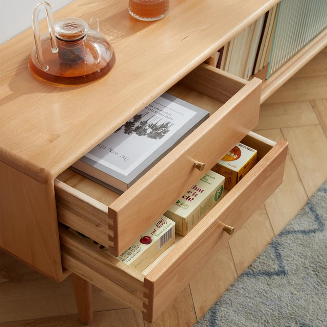 Alt view image 2 of 7 - North America A Grade Solid Beech TV Cabinet With Chinese Changhong Glass Doors, Two Drawer Storage Space TV Standing