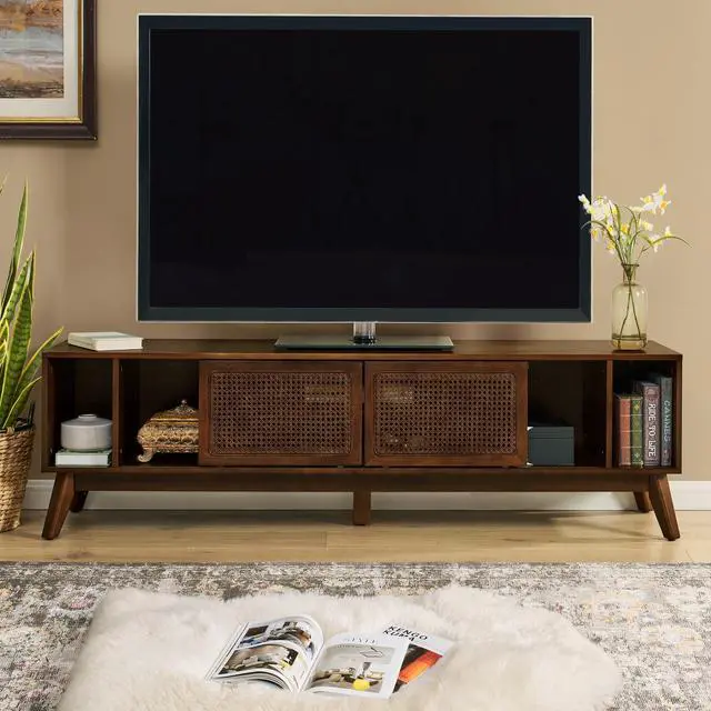 Alt view image 3 of 7 - 67.9 Inch Mid Century Modern Rattan TV Stand for TVs up to 75", Entertainment Cabinet, Media Console for Living Room Media Room, Solid Wood Feet & Rattan Cabinet Doors - Walnut