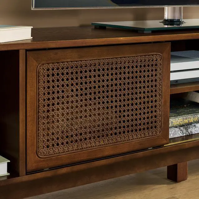 Alt view image 5 of 7 - 67.9 Inch Mid Century Modern Rattan TV Stand for TVs up to 75", Entertainment Cabinet, Media Console for Living Room Media Room, Solid Wood Feet & Rattan Cabinet Doors - Walnut