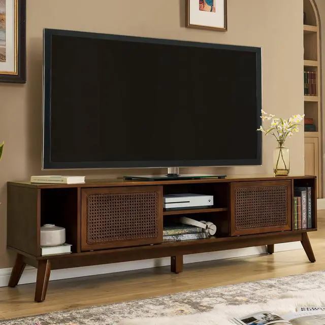 Alt view image 2 of 7 - 67.9 Inch Mid Century Modern Rattan TV Stand for TVs up to 75", Entertainment Cabinet, Media Console for Living Room Media Room, Solid Wood Feet & Rattan Cabinet Doors - Walnut