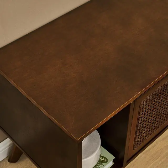 Alt view image 4 of 7 - 67.9 Inch Mid Century Modern Rattan TV Stand for TVs up to 75", Entertainment Cabinet, Media Console for Living Room Media Room, Solid Wood Feet & Rattan Cabinet Doors - Walnut