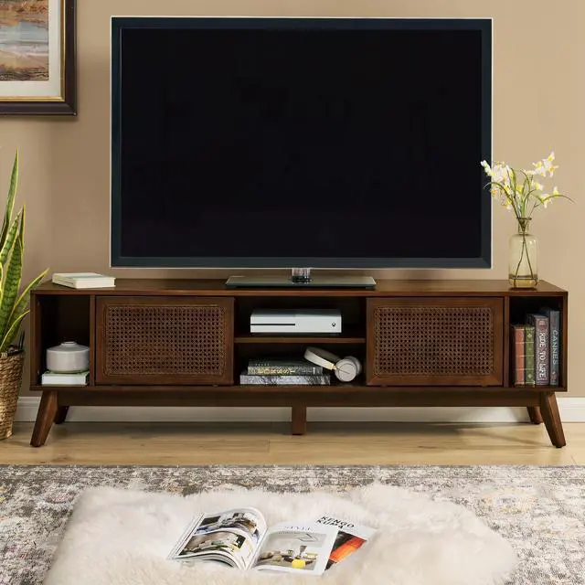 Main image of 67.9 Inch Mid Century Modern Rattan TV Stand for TVs up to 75", Entertainment Cabinet, Media Console for Living Room Media Room, Solid Wood Feet & Rattan Cabinet Doors - Walnut