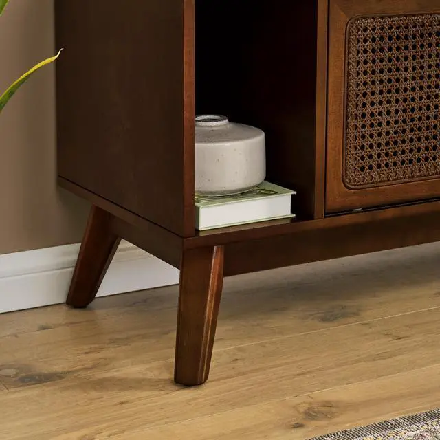 Alt view image 7 of 7 - 67.9 Inch Mid Century Modern Rattan TV Stand for TVs up to 75", Entertainment Cabinet, Media Console for Living Room Media Room, Solid Wood Feet & Rattan Cabinet Doors - Walnut