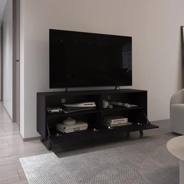 Alt view image 2 of 7 - Patrick Tv Stand With 2 Doors And Open Storage Shelves, Modern Entertainment Center, Black