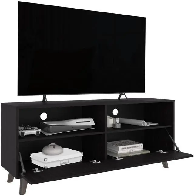 Alt view image 3 of 7 - Patrick Tv Stand With 2 Doors And Open Storage Shelves, Modern Entertainment Center, Black