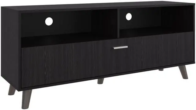 Alt view image 6 of 7 - Patrick Tv Stand With 2 Doors And Open Storage Shelves, Modern Entertainment Center, Black