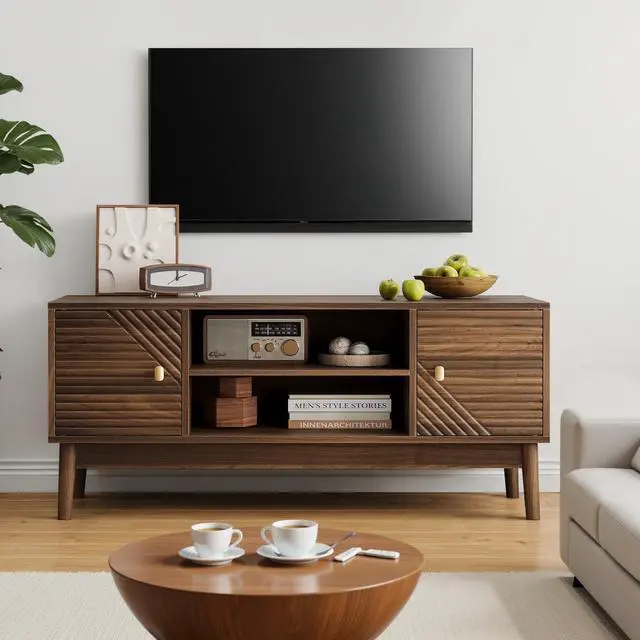 Main image of 43.31 inch TV Stand, Mid-Century Modern TV Stand for 32/45 inch TV, Entertainment Center with Storage, Media Console Table for Living Room and Bedroom, Walnut