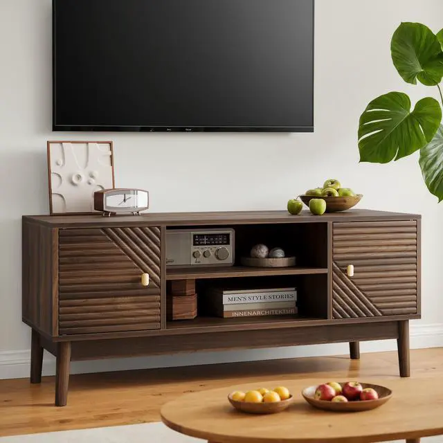 Alt view image 3 of 7 - 43.31 inch TV Stand, Mid-Century Modern TV Stand for 32/45 inch TV, Entertainment Center with Storage, Media Console Table for Living Room and Bedroom, Walnut