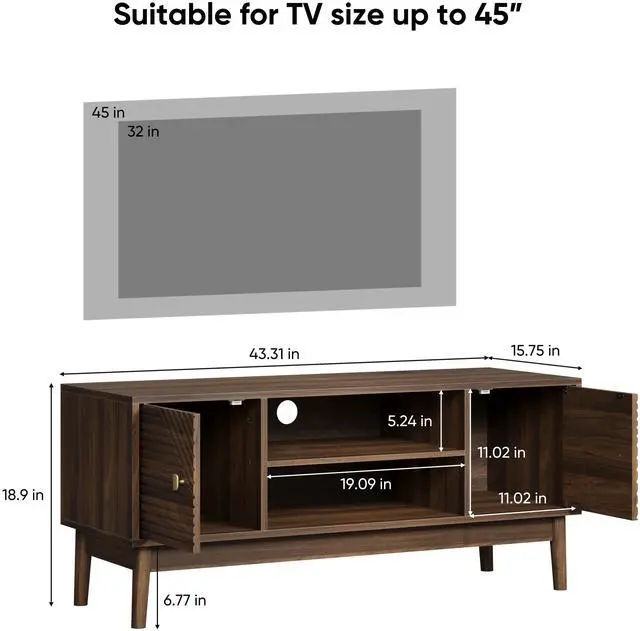 Alt view image 2 of 7 - 43.31 inch TV Stand, Mid-Century Modern TV Stand for 32/45 inch TV, Entertainment Center with Storage, Media Console Table for Living Room and Bedroom, Walnut