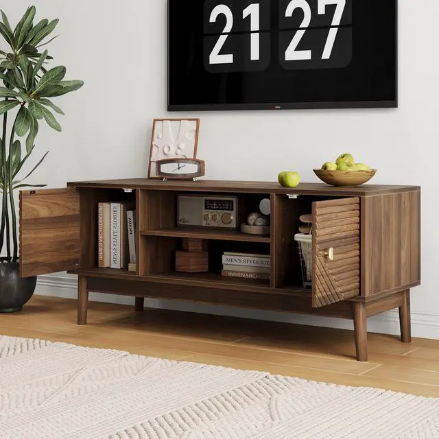 Alt view image 4 of 7 - 43.31 inch TV Stand, Mid-Century Modern TV Stand for 32/45 inch TV, Entertainment Center with Storage, Media Console Table for Living Room and Bedroom, Walnut