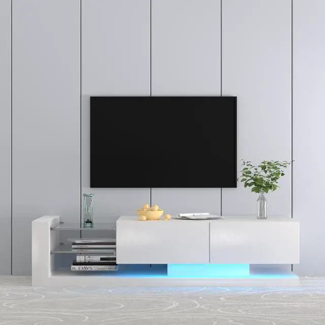 Alt view image 3 of 7 - TV Console with Storage Cabinets, Full RGB Color 31 Modes Changing Lights Remote RGB LED TV Stand, Modern Entertainment Center (White for 75 inches TV)