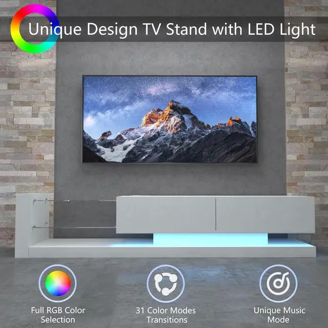Alt view image 4 of 7 - TV Console with Storage Cabinets, Full RGB Color 31 Modes Changing Lights Remote RGB LED TV Stand, Modern Entertainment Center (White for 75 inches TV)