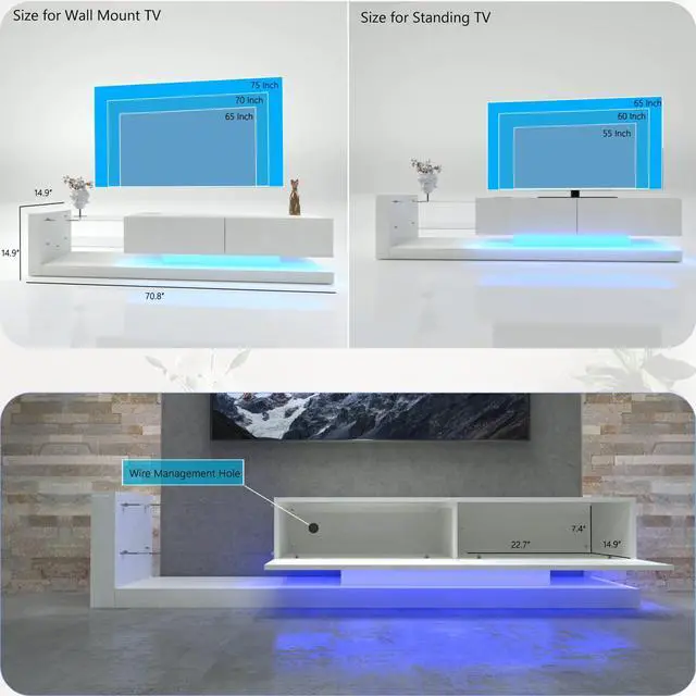 Alt view image 5 of 7 - TV Console with Storage Cabinets, Full RGB Color 31 Modes Changing Lights Remote RGB LED TV Stand, Modern Entertainment Center (White for 75 inches TV)
