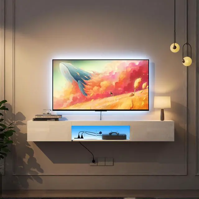 Main image of Floating TV Stand Wall Mounted with 16 Color LEDs,63" Modern TV Stand,Floating TV Cabinet Entertainment Center for 55 60 65 Inch TV,White