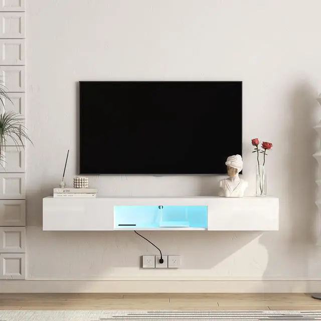 Alt view image 4 of 7 - Floating TV Stand Wall Mounted with 16 Color LEDs,63" Modern TV Stand,Floating TV Cabinet Entertainment Center for 55 60 65 Inch TV,White