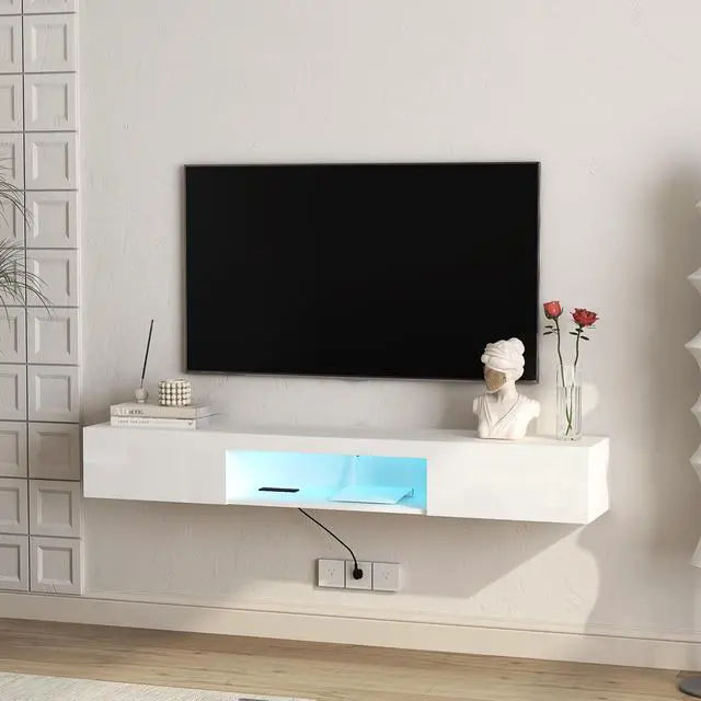 Alt view image 5 of 7 - Floating TV Stand Wall Mounted with 16 Color LEDs,63" Modern TV Stand,Floating TV Cabinet Entertainment Center for 55 60 65 Inch TV,White