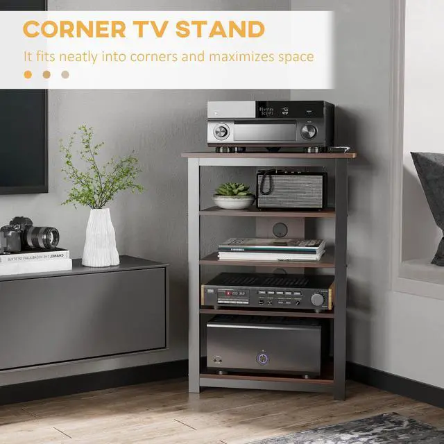 Alt view image 6 of 7 - HOMCOM TV Stand, AV Media Stand, Corner Audio Tower with Storage Shelves and Steel Frame, Living Room Storage, Brown