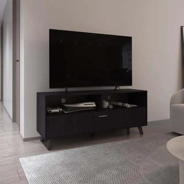 Main image of Patrick Tv Stand With 2 Doors And Open Storage Shelves, Modern Entertainment Center, Black