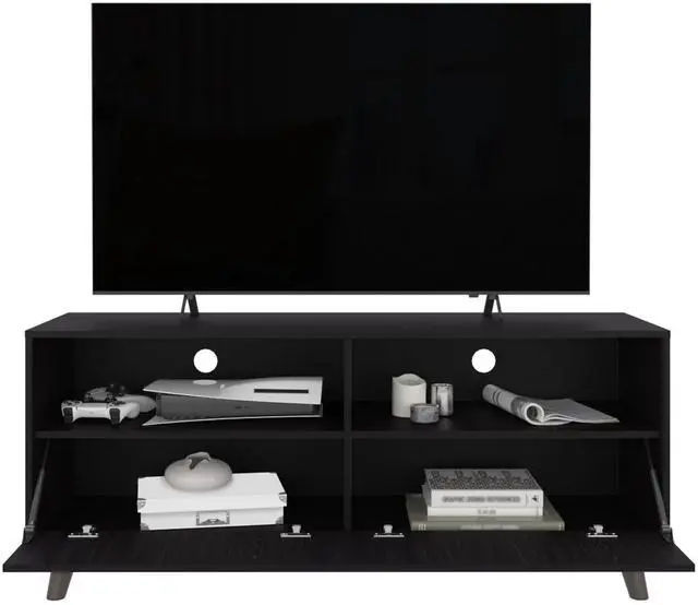 Alt view image 5 of 7 - Patrick Tv Stand With 2 Doors And Open Storage Shelves, Modern Entertainment Center, Black
