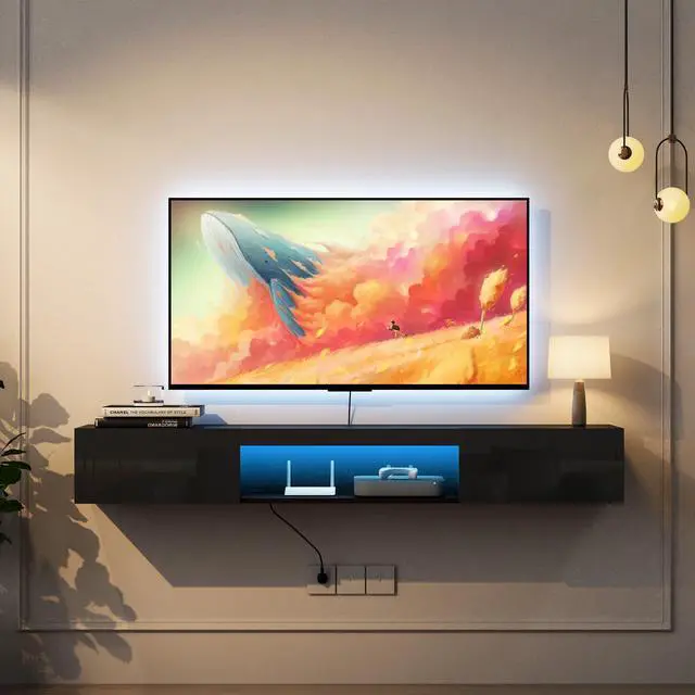 Main image of Floating TV Stand Wall Mounted with 16 Color LEDs,63" Modern TV Stand, Floating TV Cabinet Entertainment Center for 55 60 65 Inch TV,Black