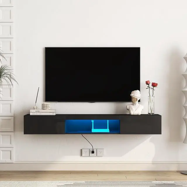 Alt view image 3 of 7 - Floating TV Stand Wall Mounted with 16 Color LEDs,63" Modern TV Stand, Floating TV Cabinet Entertainment Center for 55 60 65 Inch TV,Black