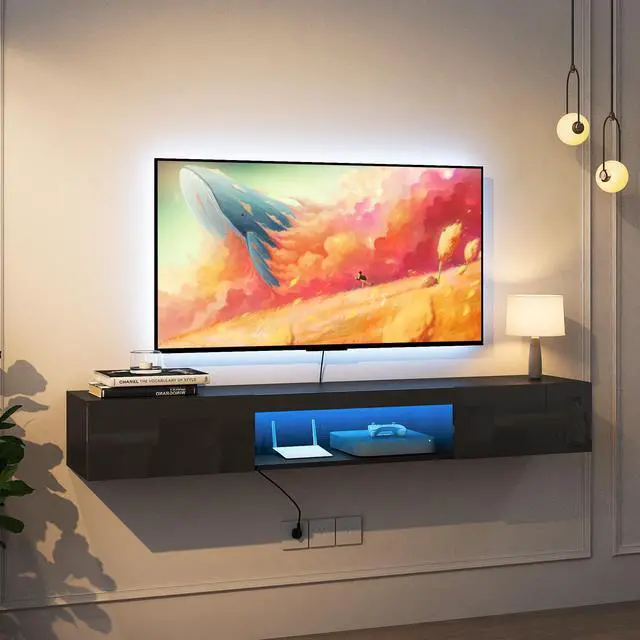 Alt view image 2 of 7 - Floating TV Stand Wall Mounted with 16 Color LEDs,63" Modern TV Stand, Floating TV Cabinet Entertainment Center for 55 60 65 Inch TV,Black